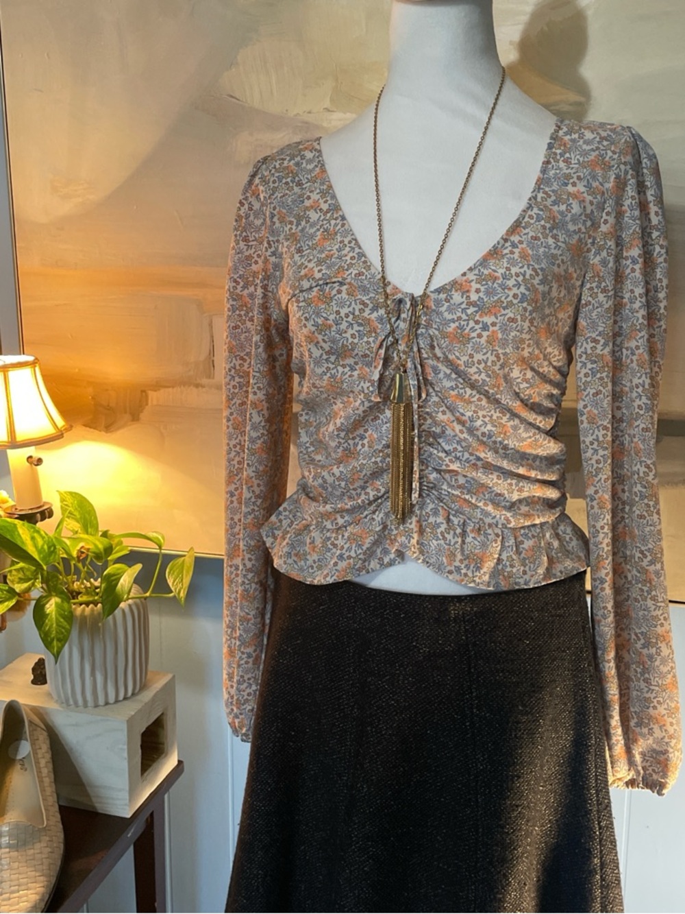 H&M Peach and Blue Floral Tie-Front Peplum Blouse